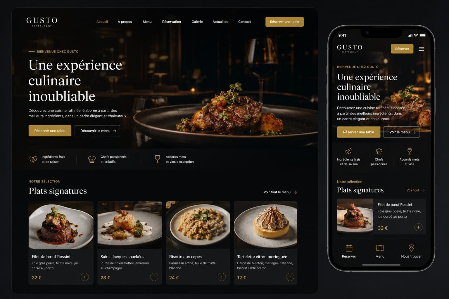 Interface du site web du restaurant